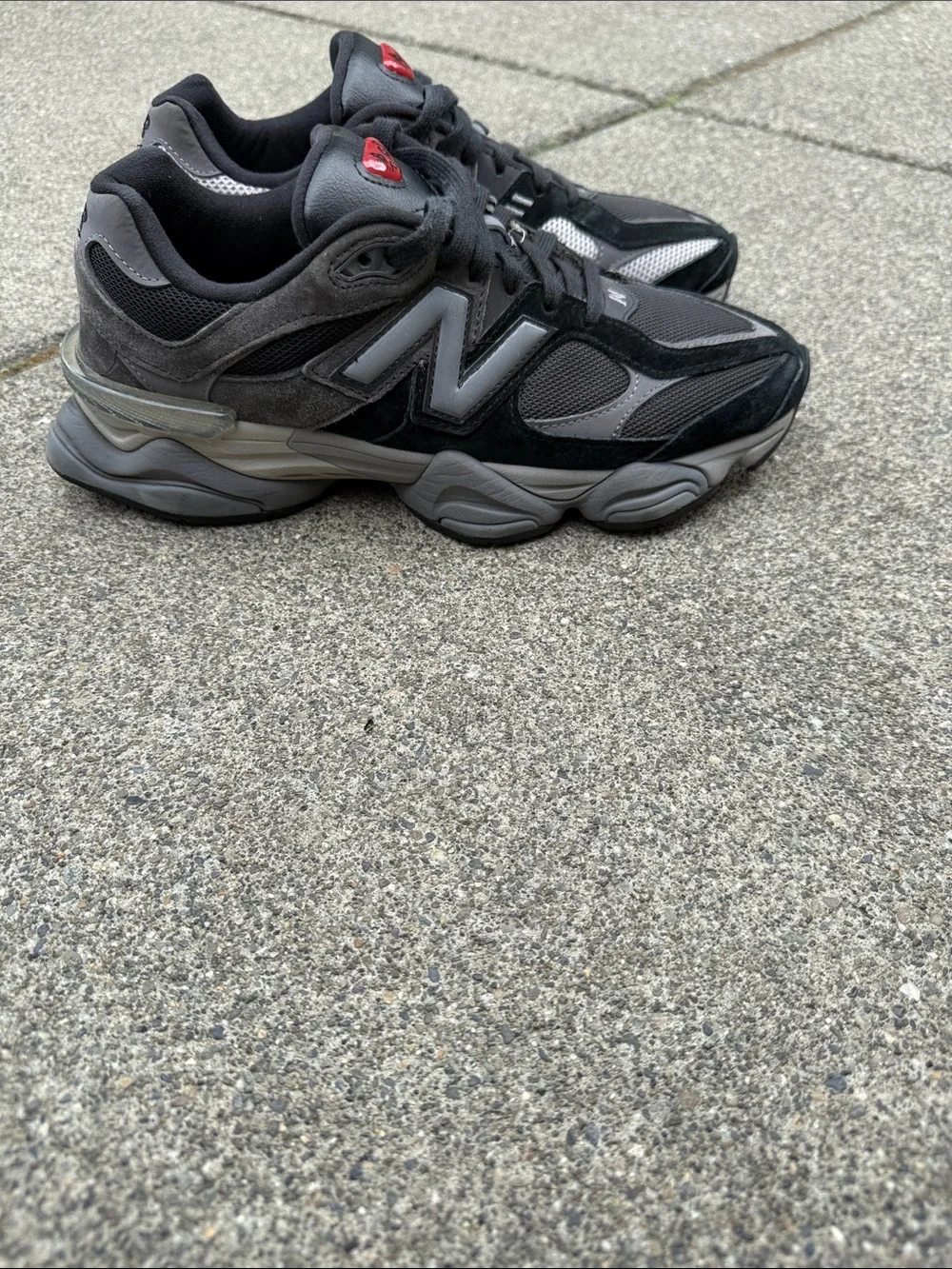 New Balance Black and Gray Men's Athletic Sneakers with Red Tongue Accents